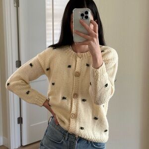 FANM MON Muscari 100% Wool Hand Knit Floral Embroidered Sweater Cardigan, Cream